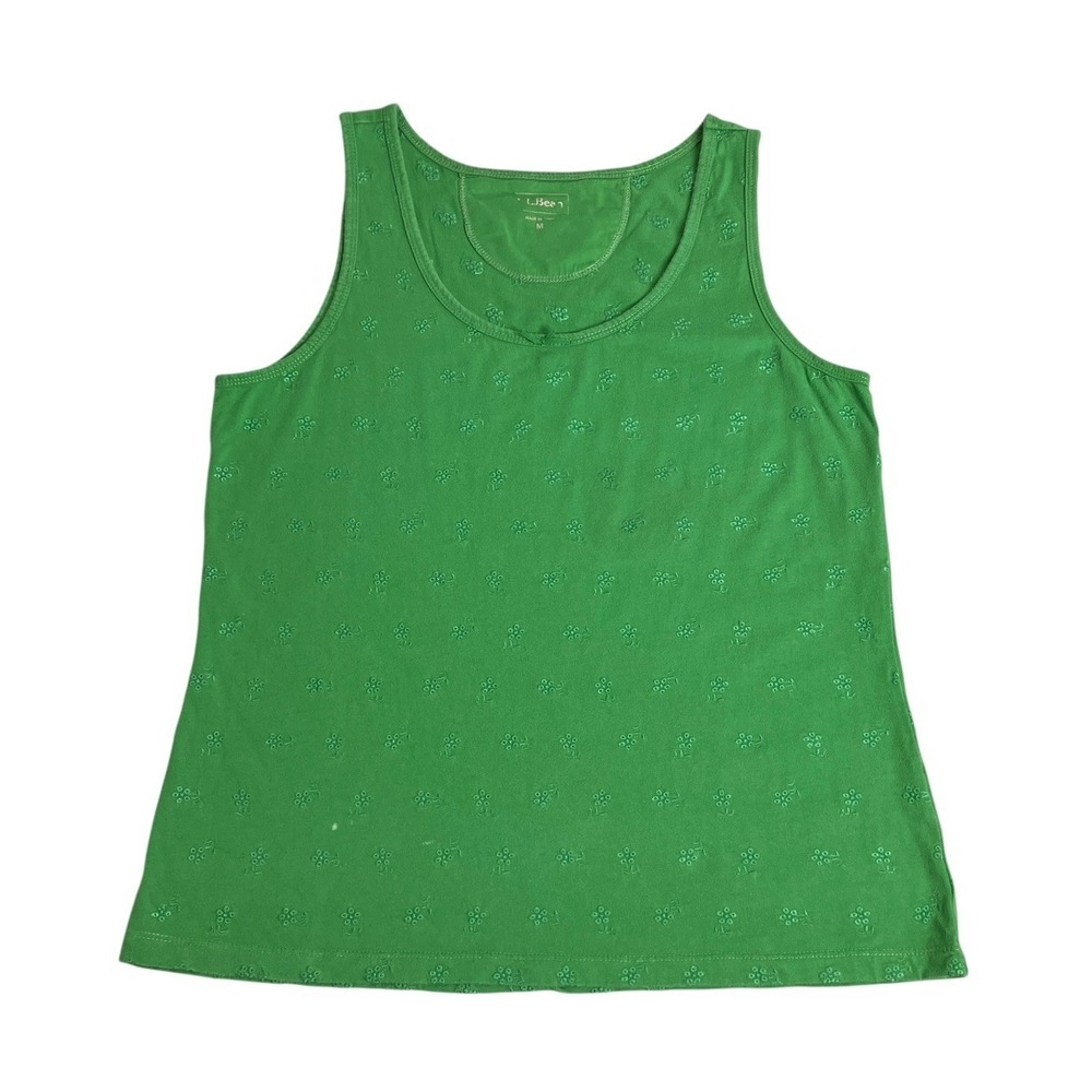 LL Bean Top Womens M Green Floral Embroidered Sleeveless Tank Cottage Gorpcore